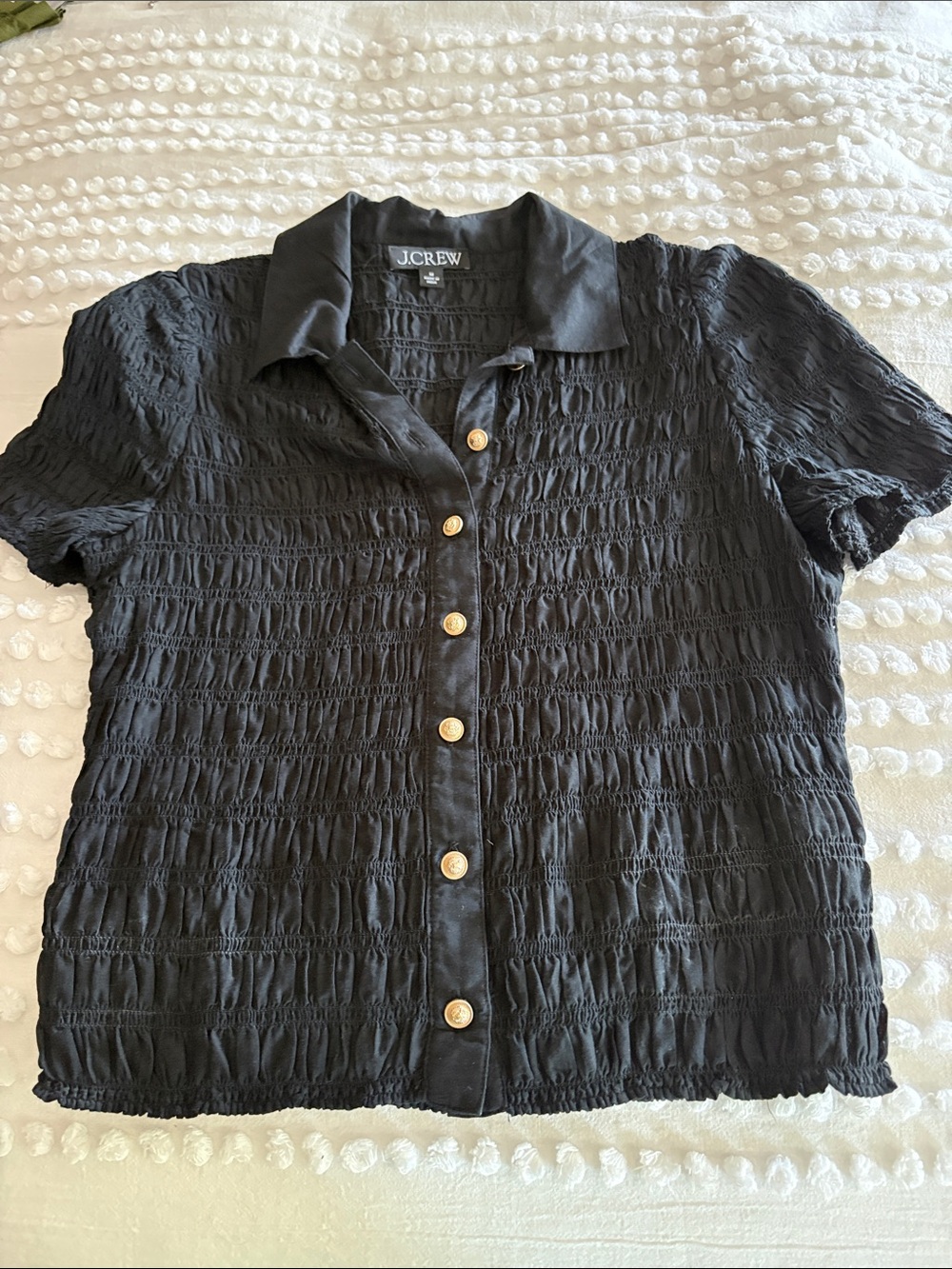 J. Crew Black Short-Sleeve Button-Front Textured Top with Gold Buttons Size M